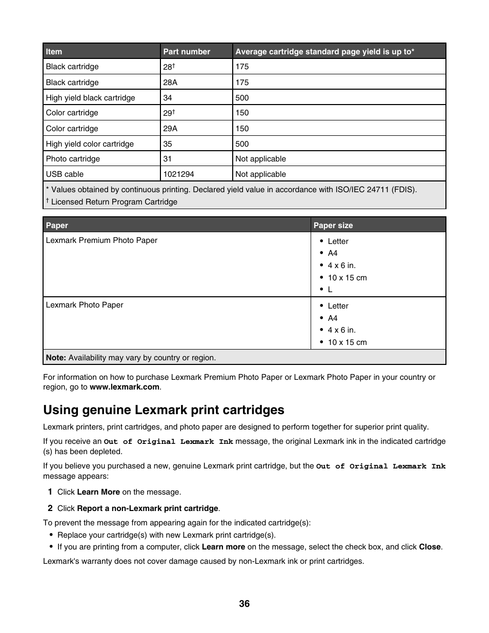 Using genuine lexmark print cartridges | Lexmark 1300 Series User Manual | Page 36 / 53