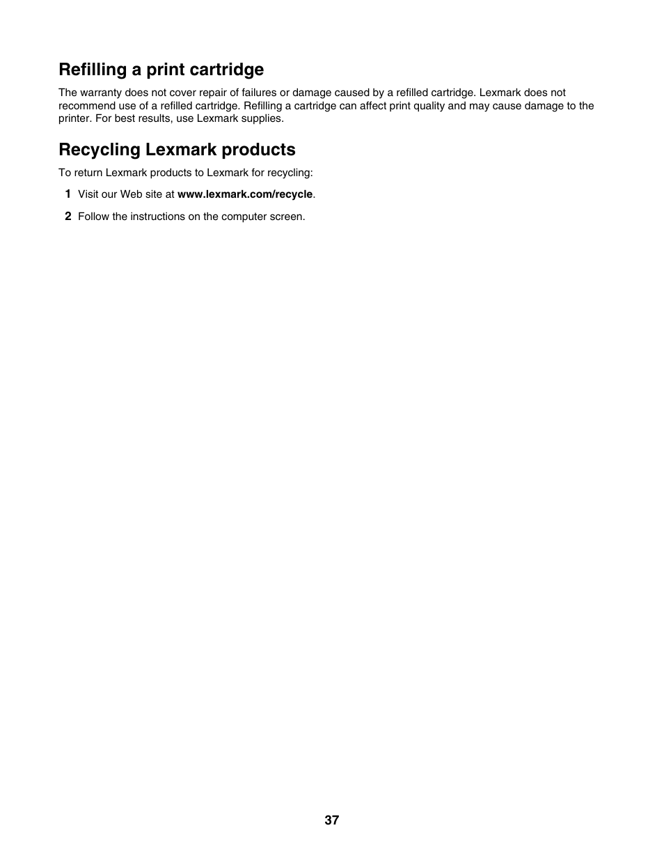 Refilling a print cartridge, Recycling lexmark products | Lexmark 1300 Series User Manual | Page 37 / 53