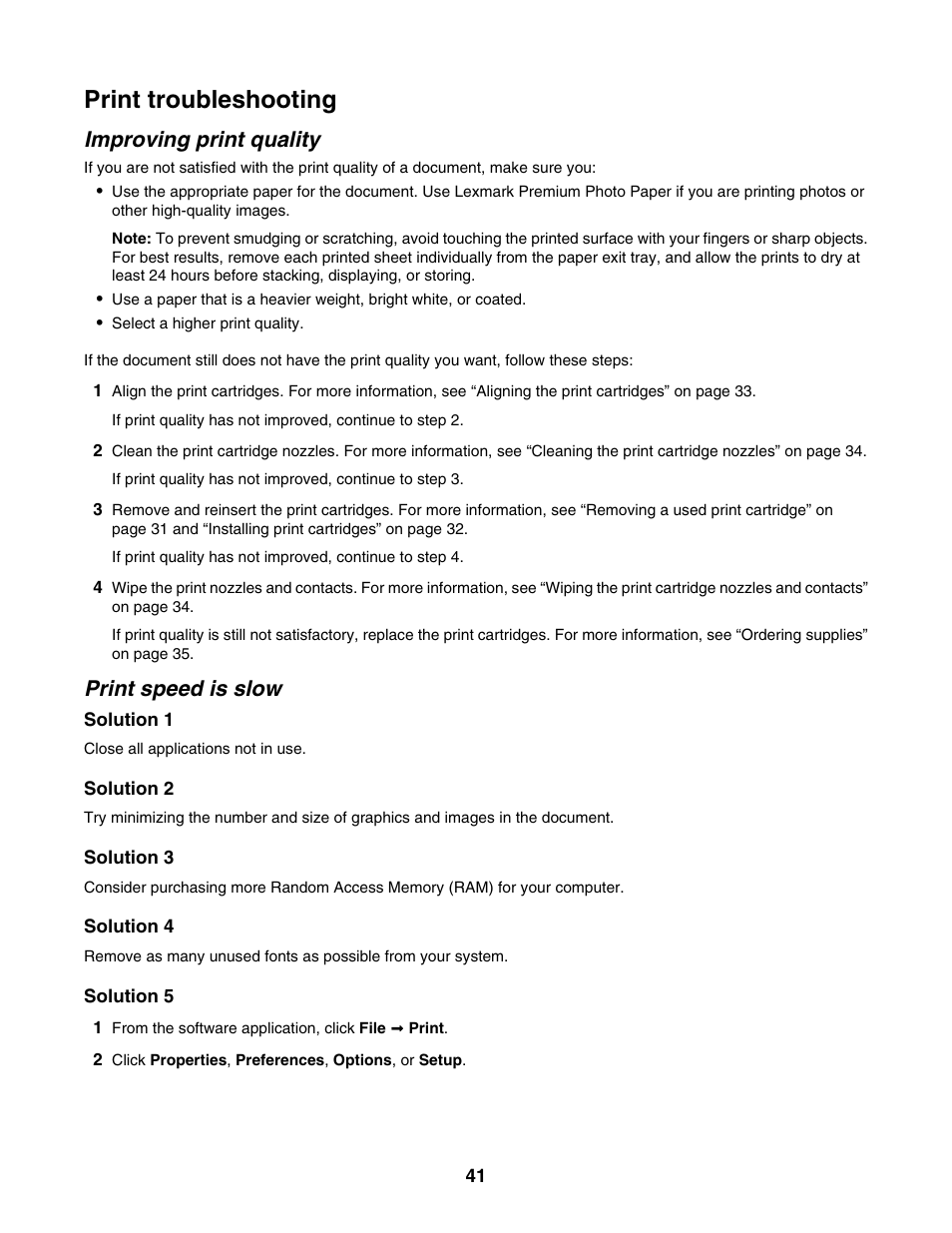 Print troubleshooting, Improving print quality, Print speed is slow | Lexmark 1300 Series User Manual | Page 41 / 53