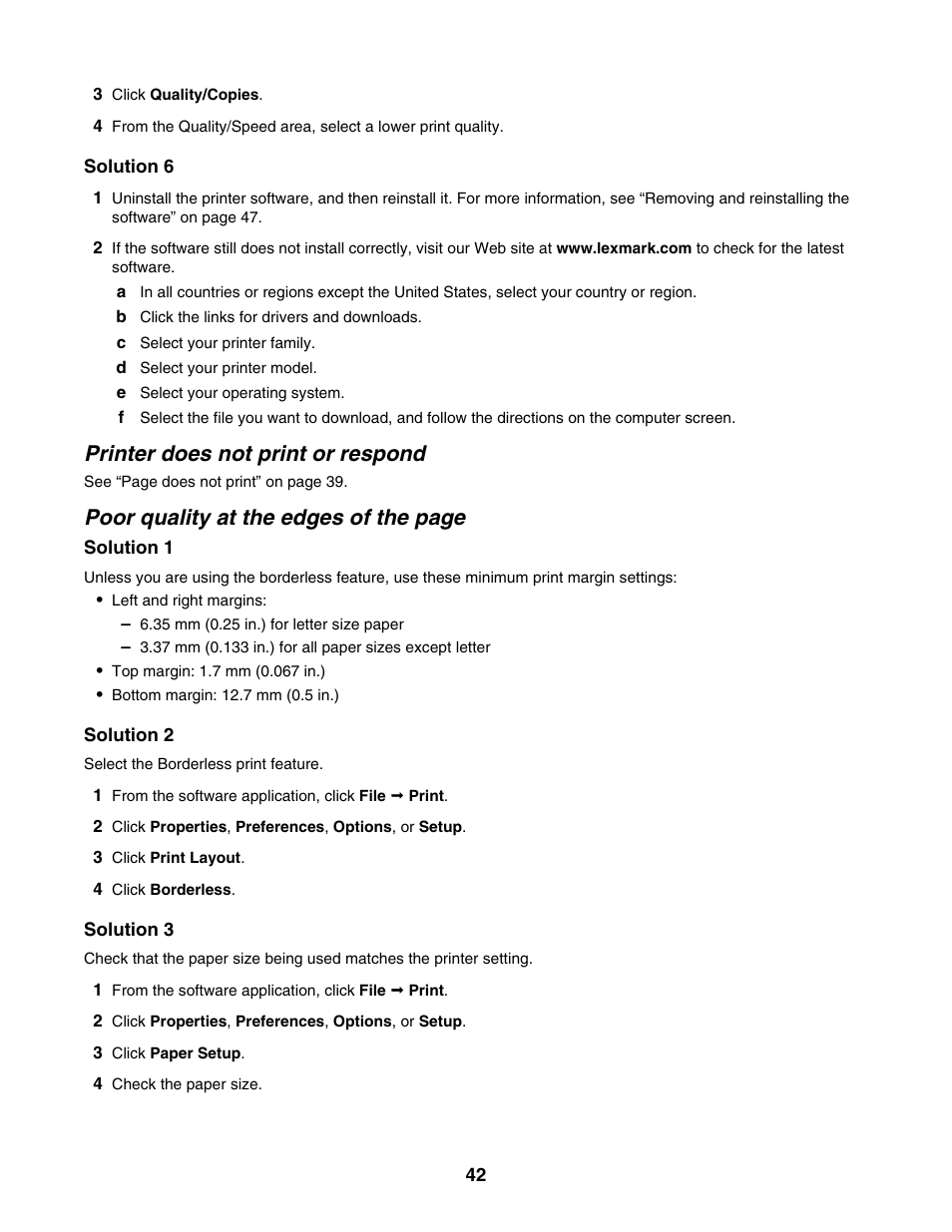 Printer does not print or respond, Poor quality at the edges of the page | Lexmark 1300 Series User Manual | Page 42 / 53