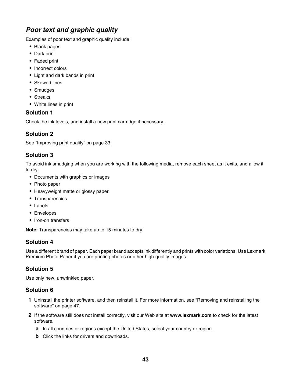 Poor text and graphic quality | Lexmark 1300 Series User Manual | Page 43 / 53