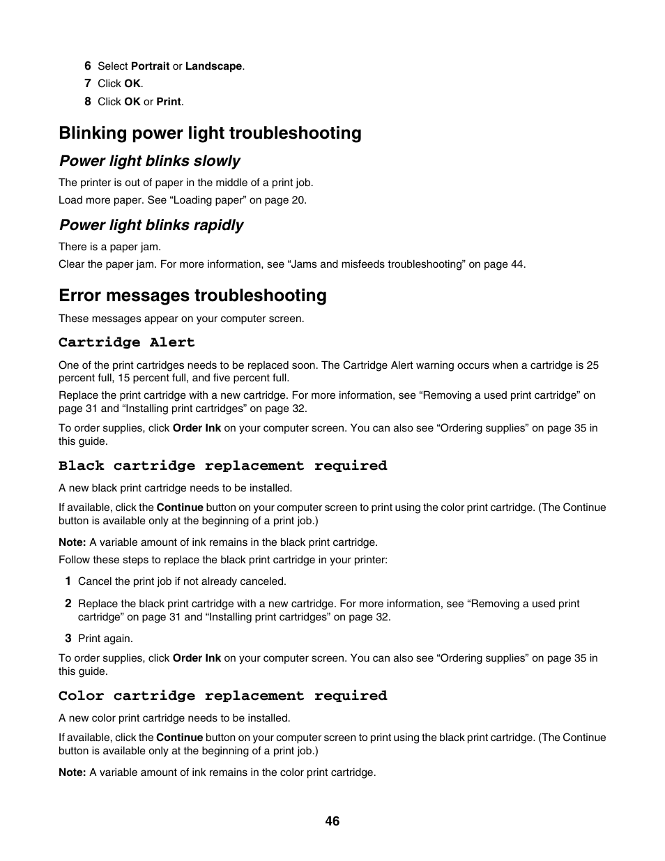 Blinking power light troubleshooting, Power light blinks slowly, Power light blinks rapidly | Error messages troubleshooting, Cartridge alert, Black cartridge replacement required, Color cartridge replacement required | Lexmark 1300 Series User Manual | Page 46 / 53