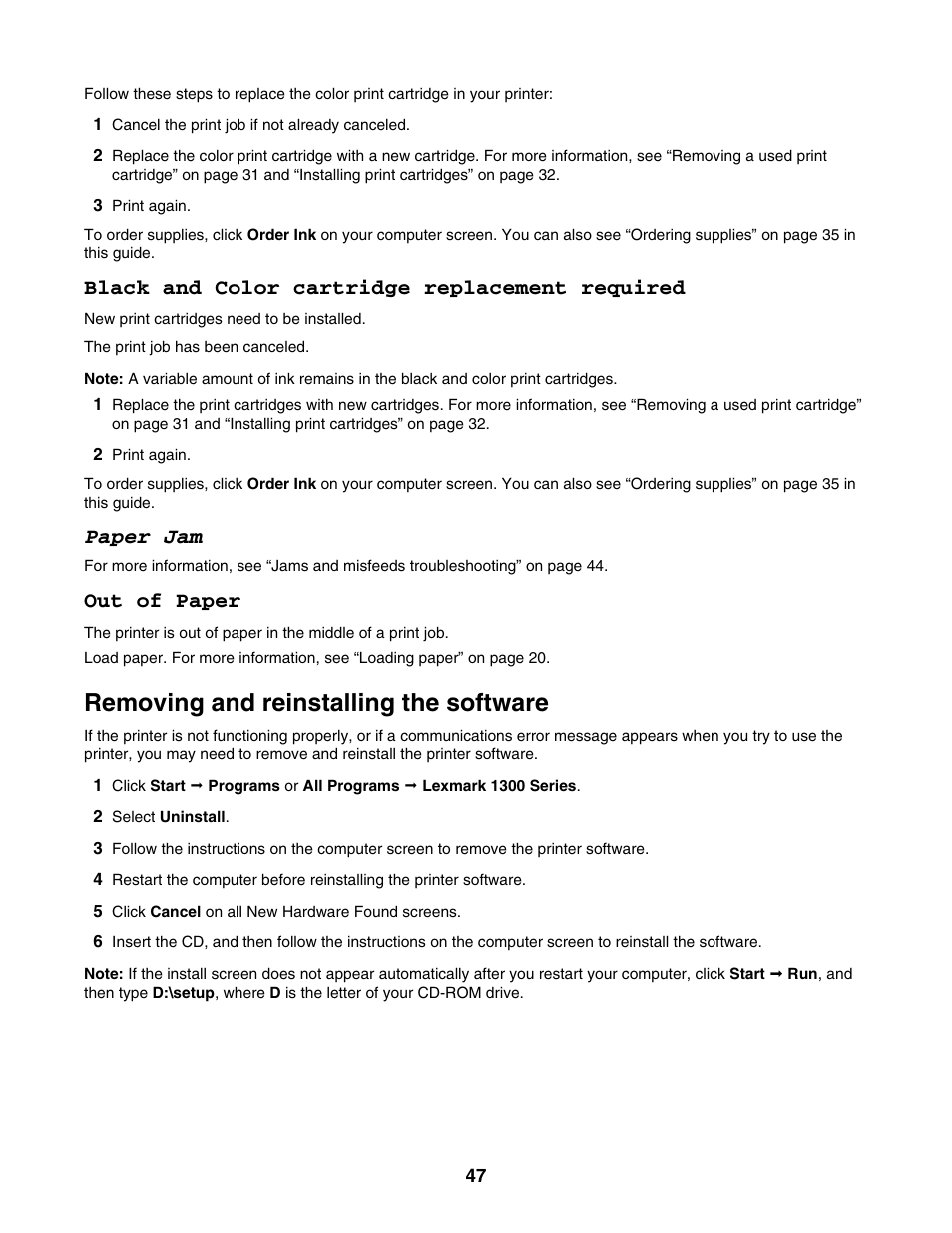 Black and color cartridge replacement required, Paper jam, Out of paper | Removing and reinstalling the software | Lexmark 1300 Series User Manual | Page 47 / 53