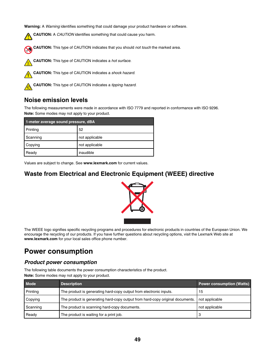 Noise emission levels, Power consumption, Product power consumption | Lexmark 1300 Series User Manual | Page 49 / 53