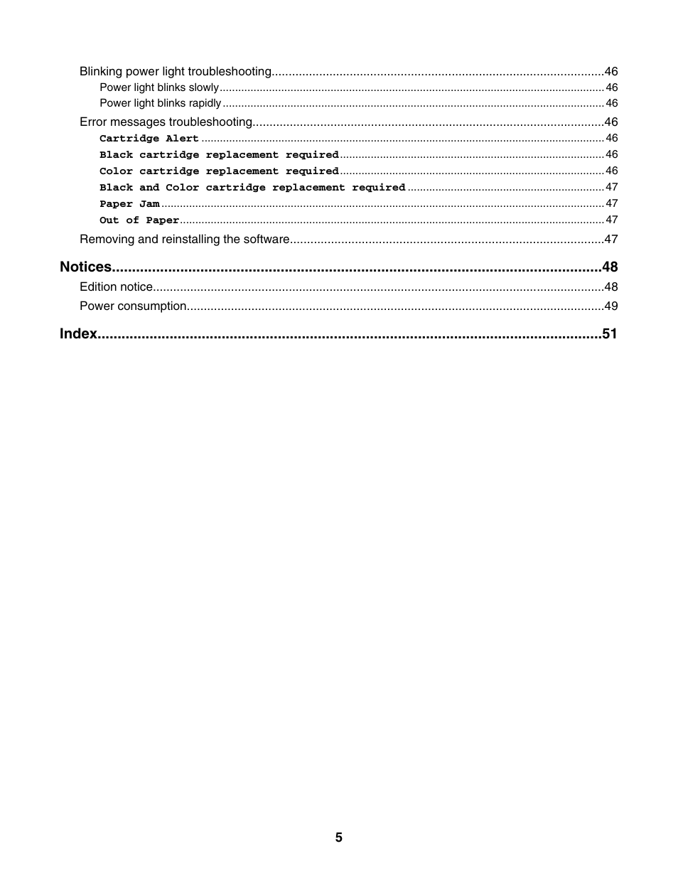 Notices, Index | Lexmark 1300 Series User Manual | Page 5 / 53