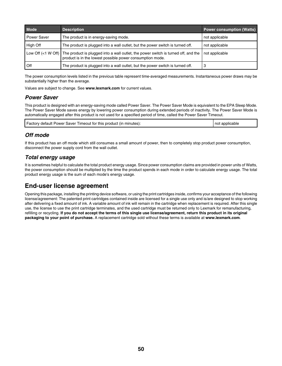 Power saver, Off mode, Total energy usage | End-user license agreement | Lexmark 1300 Series User Manual | Page 50 / 53