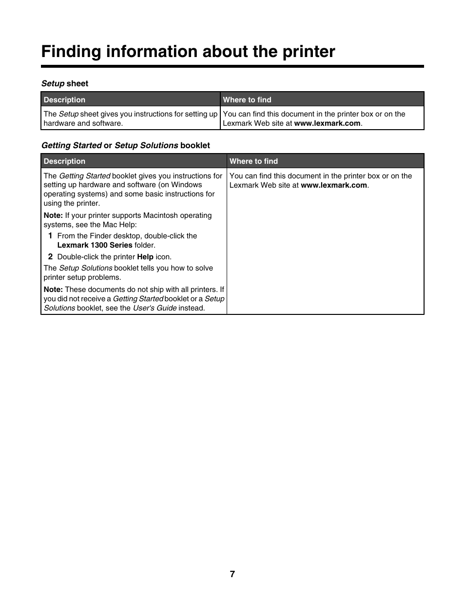 Finding information about the printer | Lexmark 1300 Series User Manual | Page 7 / 53
