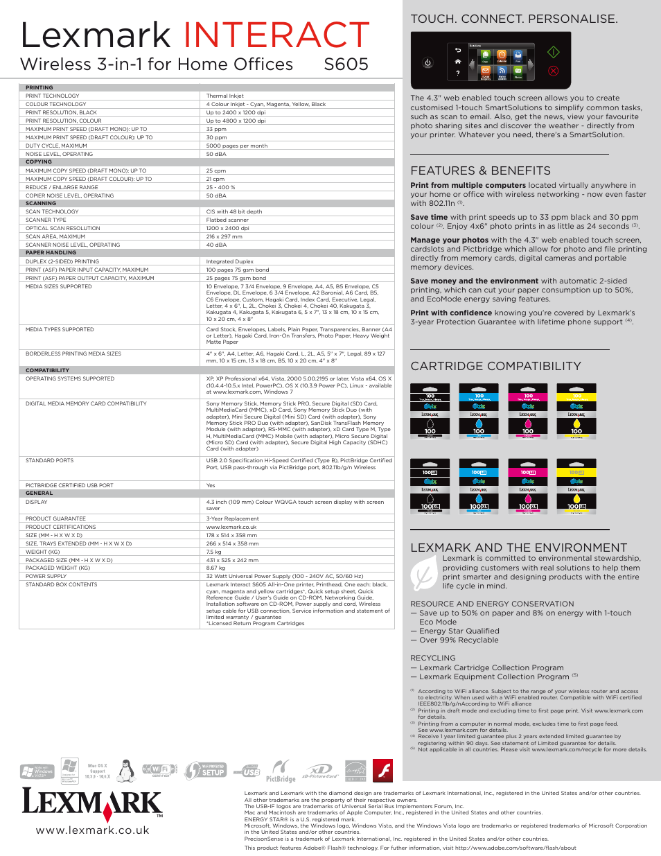 Lexmark interact, S605, Wireless 3-in-1 for home offices | Features & benefits cartridge compatibility | Lexmark INTERACT S605 User Manual | Page 2 / 2