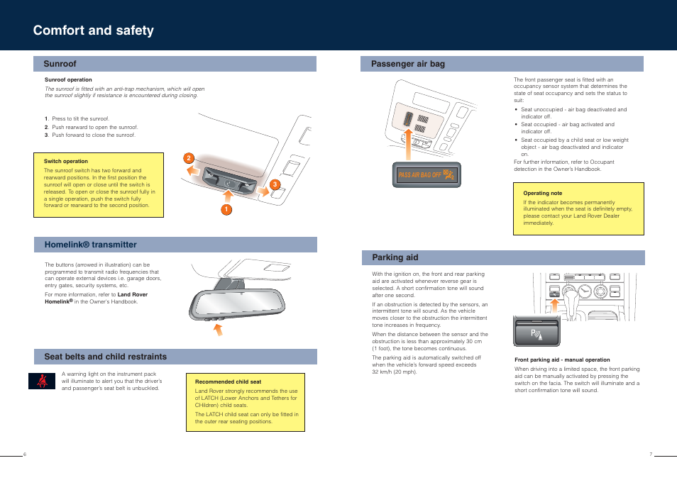 Comfort and safety, Pa ss air bag off, Sunroof | Passenger air bag, Homelink® transmitter, Seat belts and child restraints parking aid | Land Rover Range Rover User Manual | Page 4 / 11