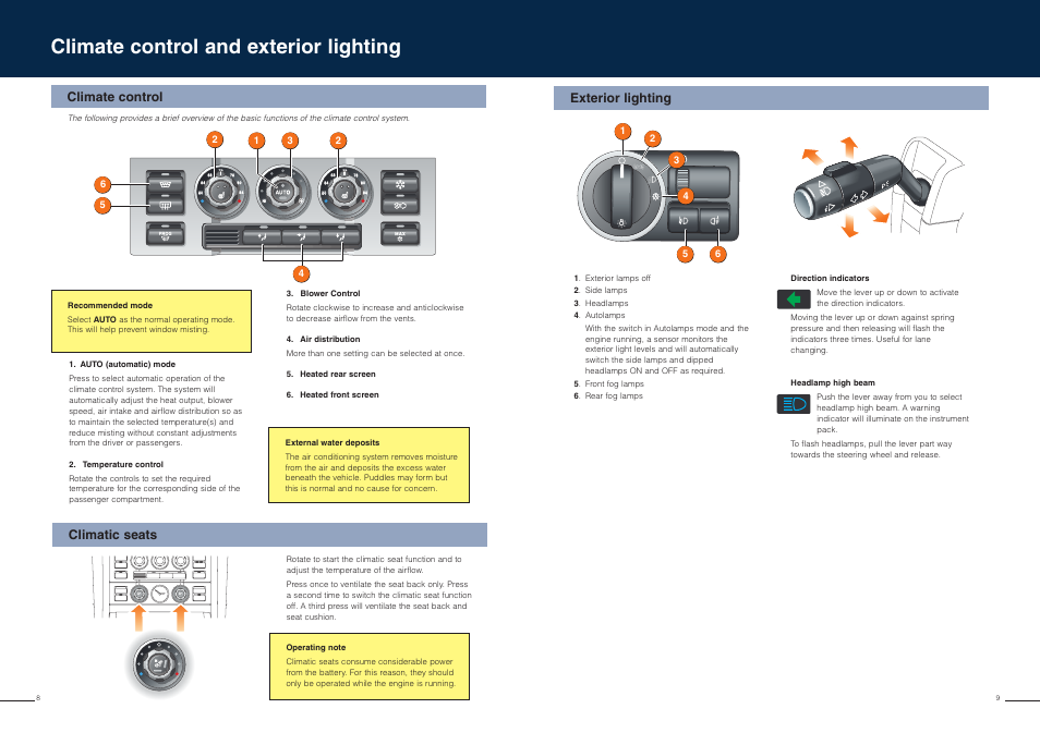 Climate control and exterior lighting, Climate control, Exterior lighting | Climatic seats | Land Rover Range Rover User Manual | Page 5 / 11