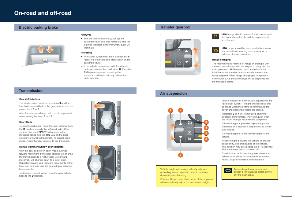 On-road and off-road, Transmission electric parking brake air suspension, Transfer gearbox | Land Rover Range Rover User Manual | Page 7 / 11