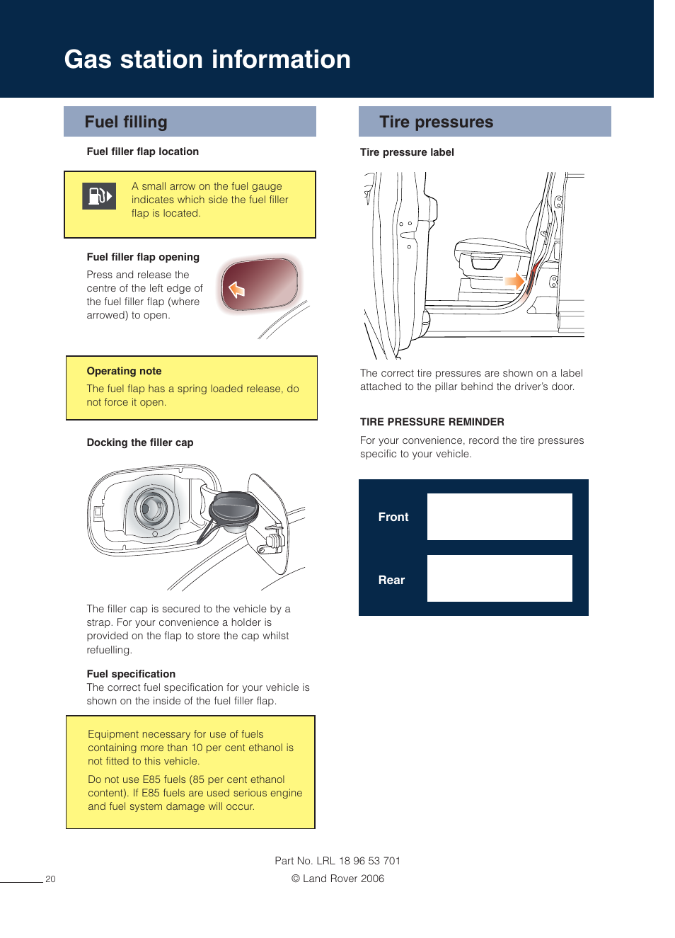 Gas station information, Tire pressures fuel filling | Land Rover LR3 User Manual | Page 11 / 11