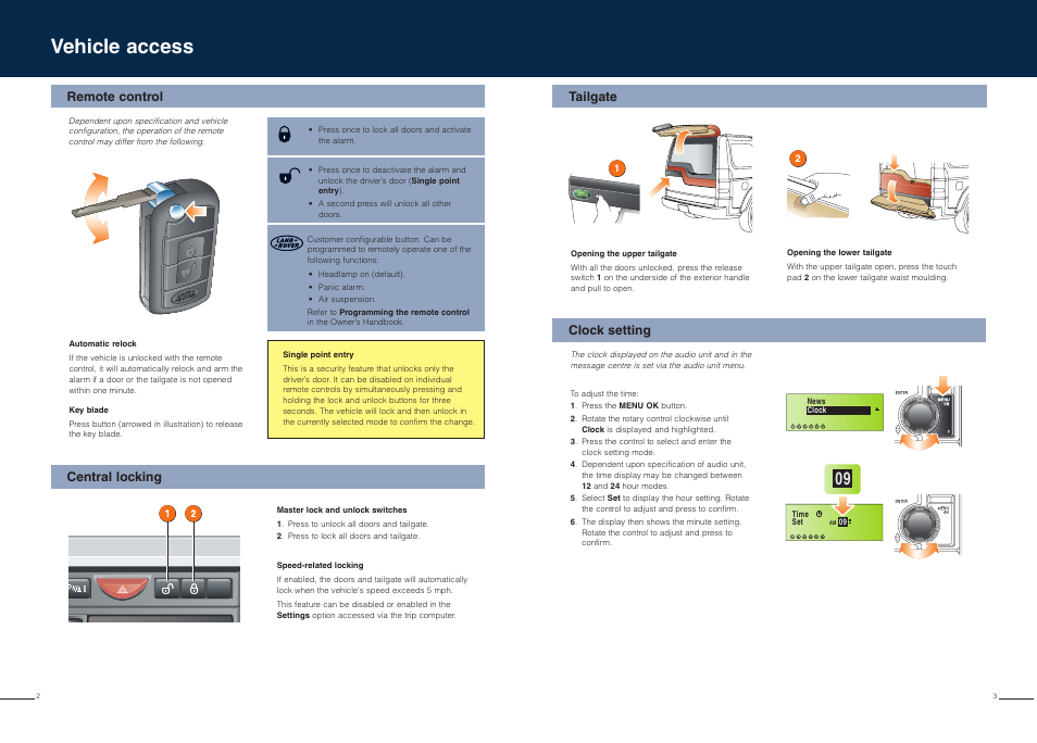 Vehicle access, Clock setting, Remote control tailgate central locking | Land Rover LR3 User Manual | Page 2 / 11