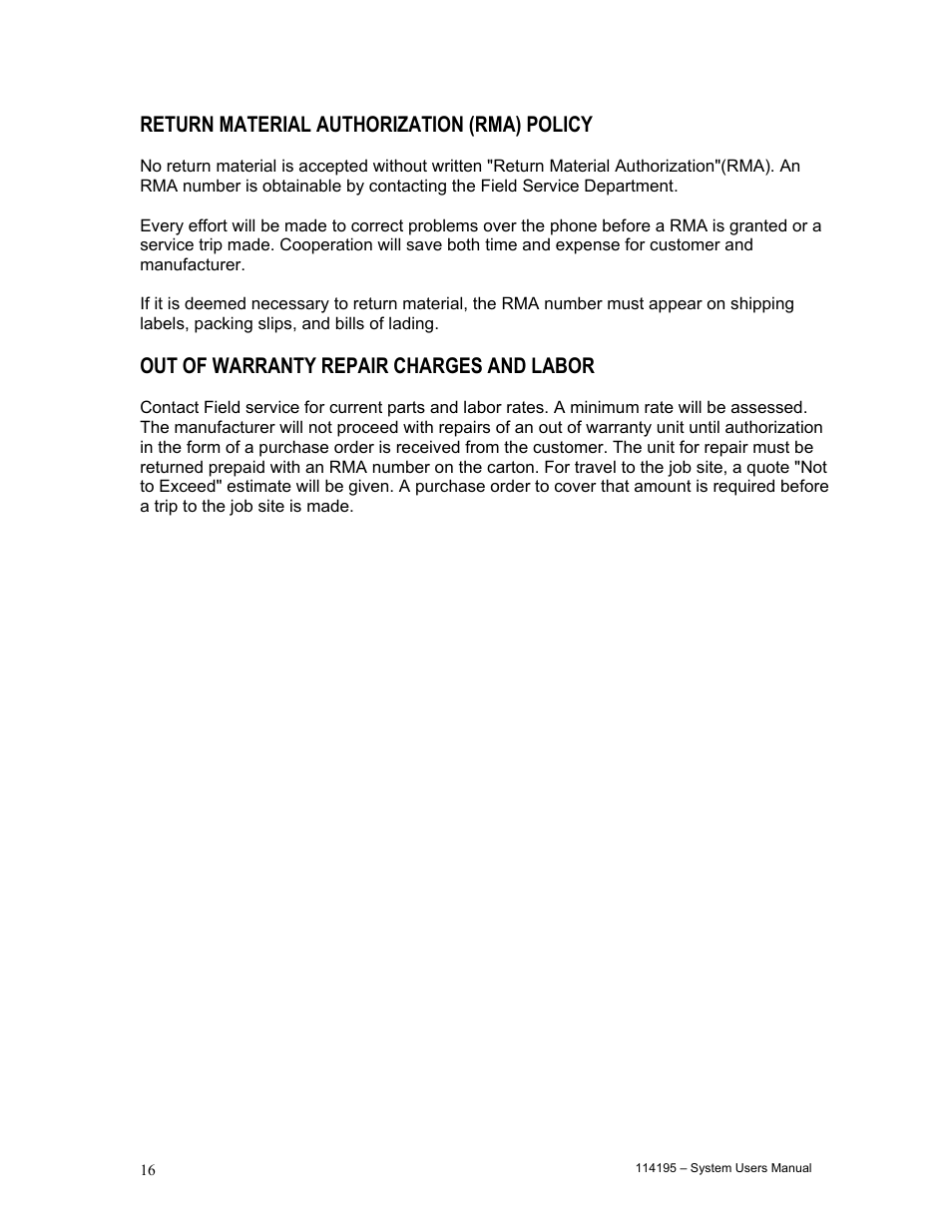 Return material authorization (rma) policy, Out of warranty repair charges and labor | LifeWay Electric Heater User Manual | Page 17 / 18