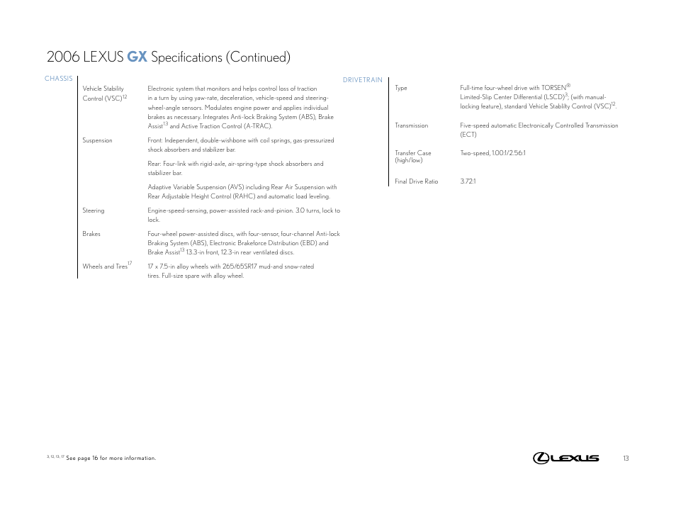 2006 lexus gx specifications (continued) | Lexus GX User Manual | Page 13 / 17