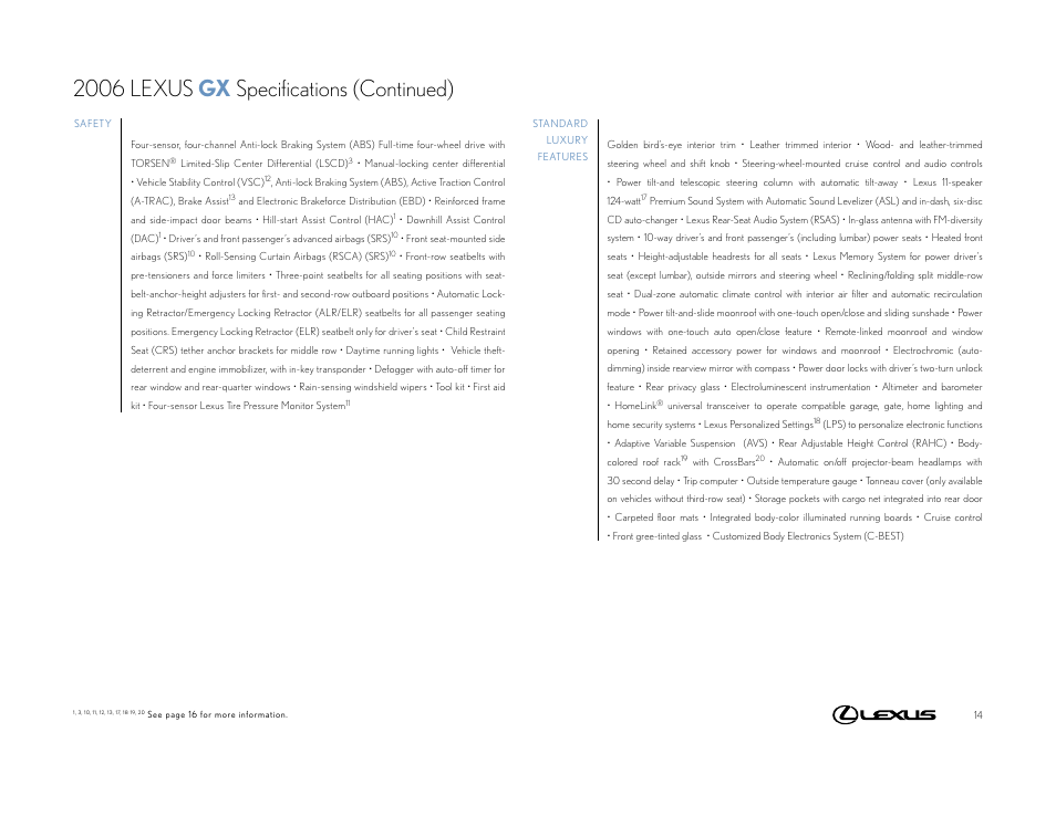 2006 lexus gx specifications (continued) | Lexus GX User Manual | Page 14 / 17