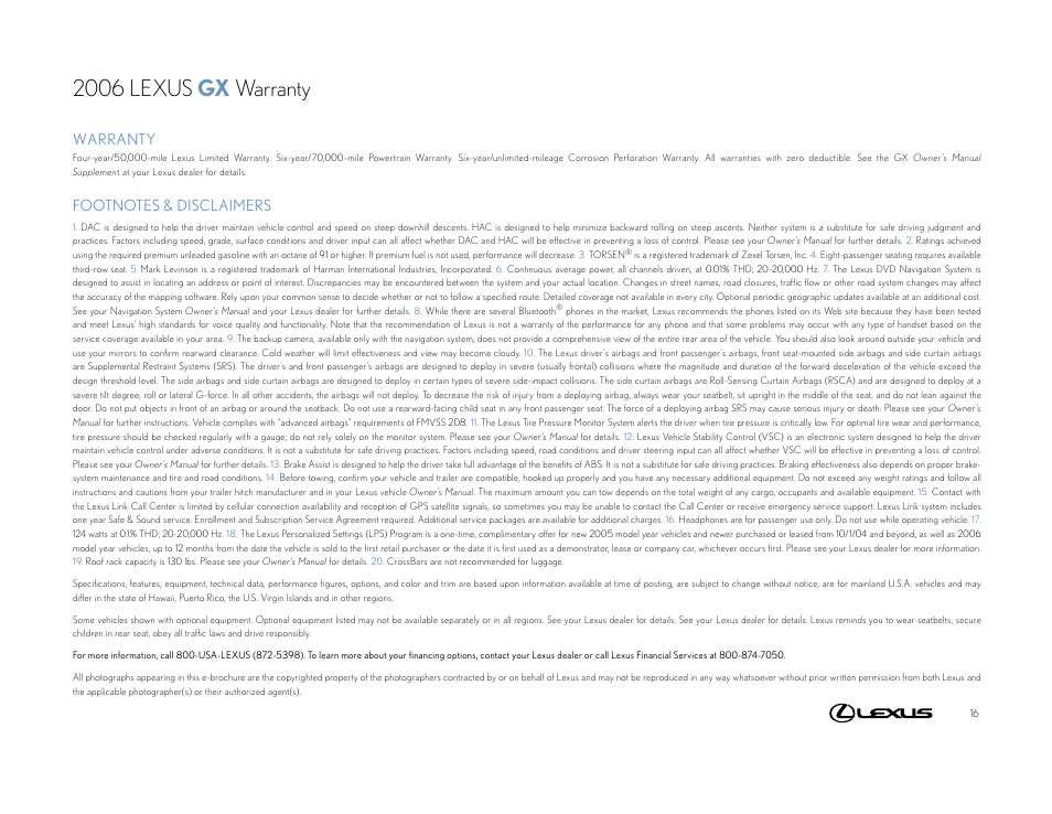 2006 lexus gx warranty, Warranty | Lexus GX User Manual | Page 16 / 17