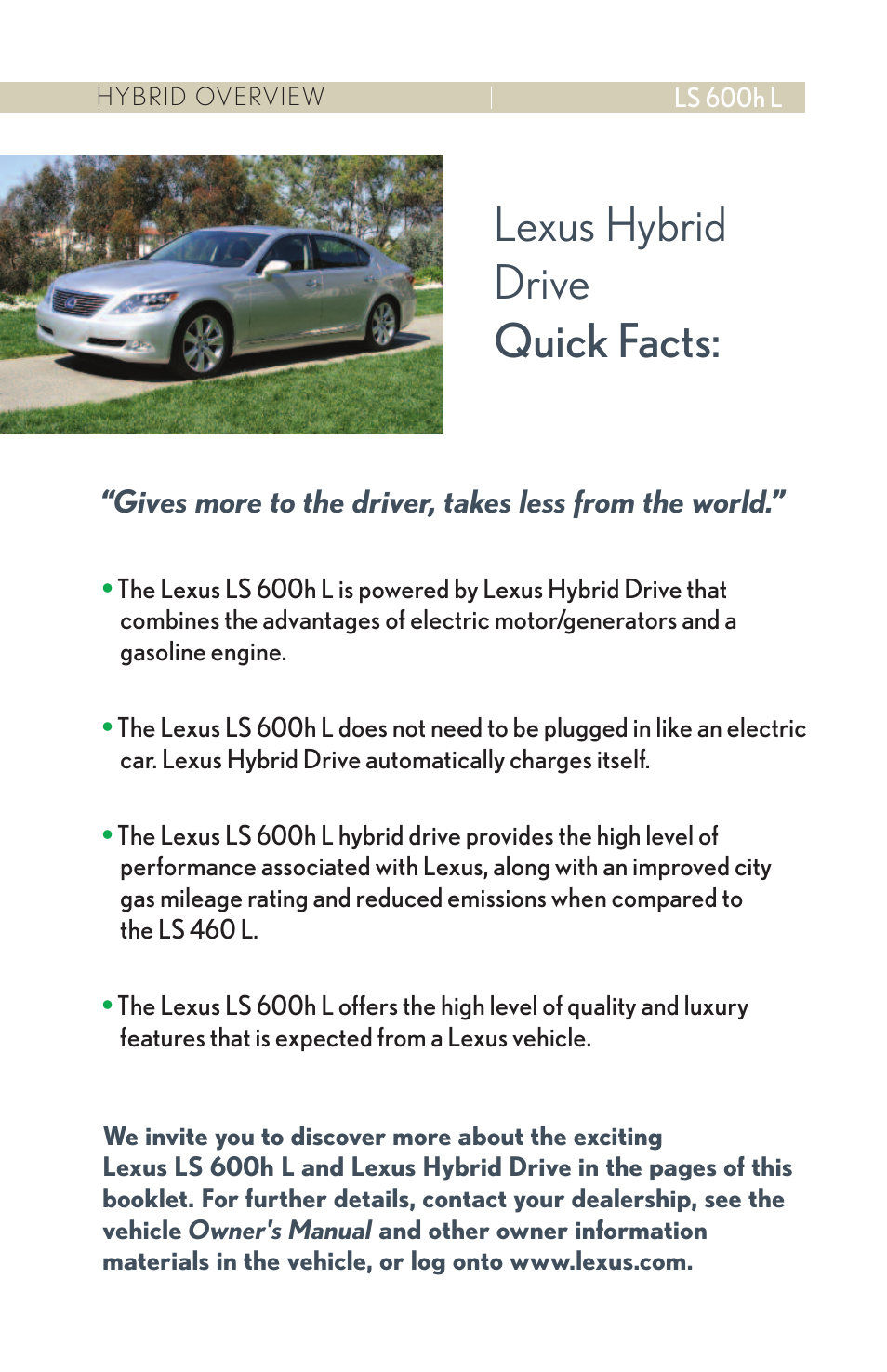 Lexus hybrid drive quick facts | Lexus LS 600h L User Manual | Page 2 / 31