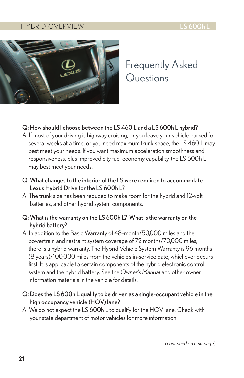 Frequently asked questions | Lexus LS 600h L User Manual | Page 24 / 31