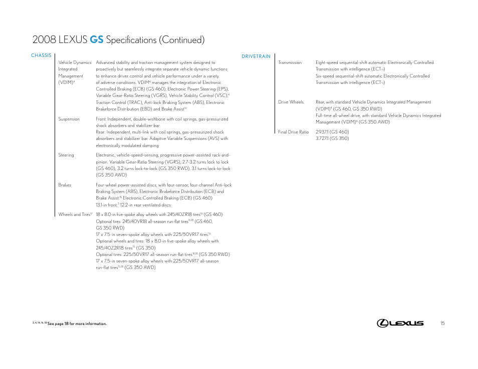 2008 lexus gs specifications (continued) | Lexus 2008 GS User Manual | Page 15 / 18