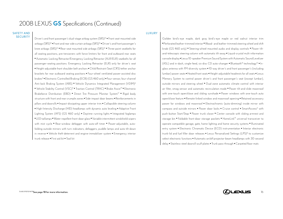 2008 lexus gs specifications (continued) | Lexus 2008 GS User Manual | Page 16 / 18