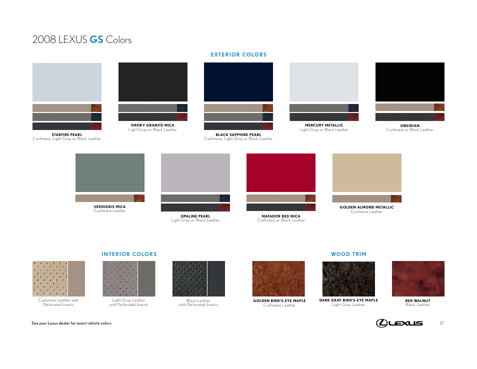 2008 lexus gs colors | Lexus 2008 GS User Manual | Page 17 / 18