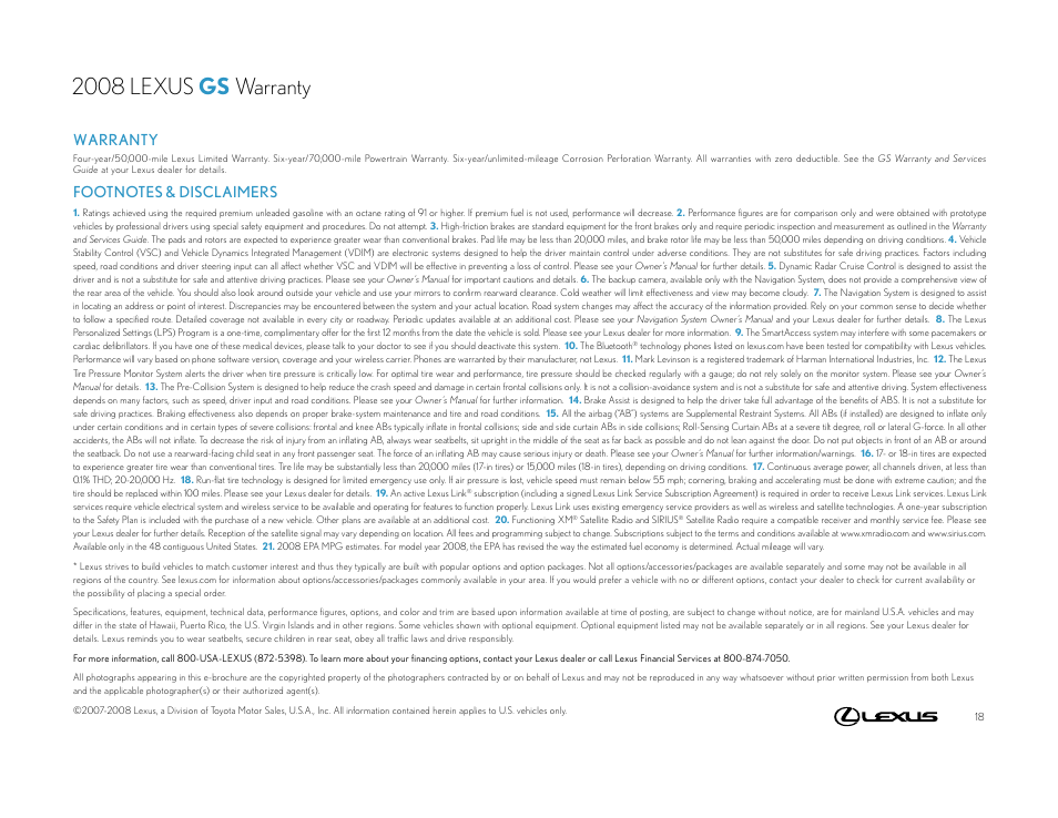 2008 lexus gs warranty, Warranty | Lexus 2008 GS User Manual | Page 18 / 18