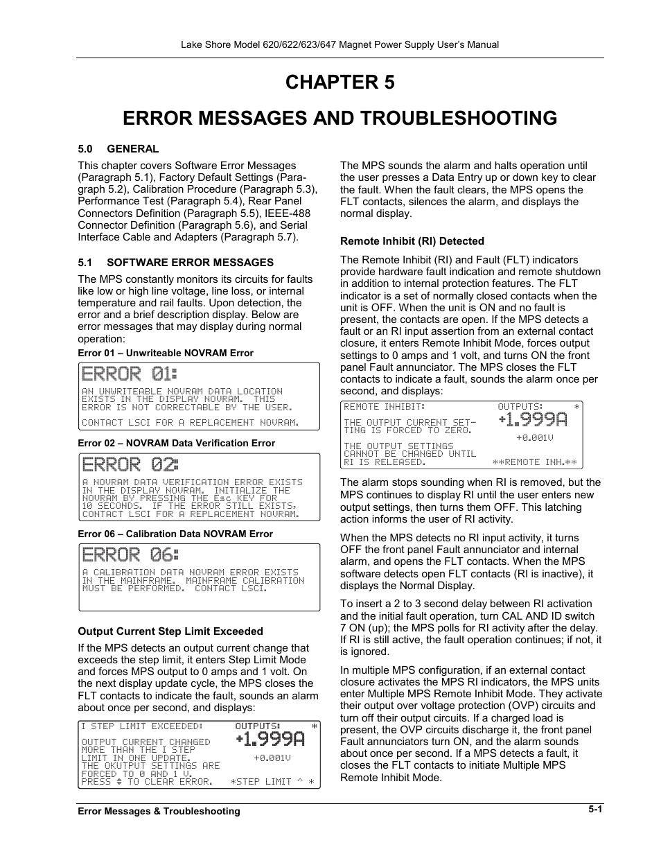 Chapter 5, Error messages and troubleshooting, Error 01 | Error 02, Error 06, 999a | Lakeshore Learning  Materials 622 User Manual | Page 59 / 90