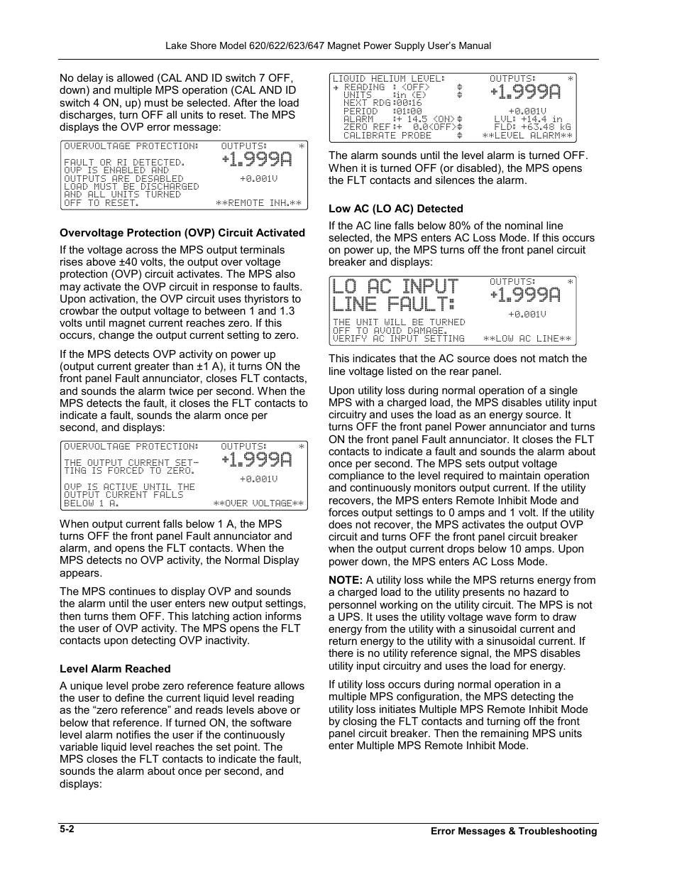 999a, Lo ac input line fault | Lakeshore Learning  Materials 622 User Manual | Page 60 / 90