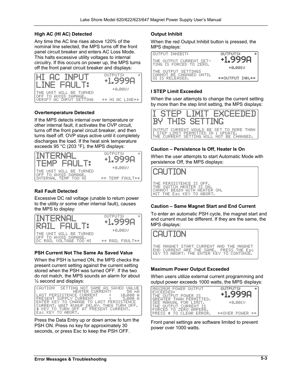 999a, Hi ac input line fault, Internal temp fault | Internal rail fault, I step limit exceeded by this setting, Caution | Lakeshore Learning  Materials 622 User Manual | Page 61 / 90