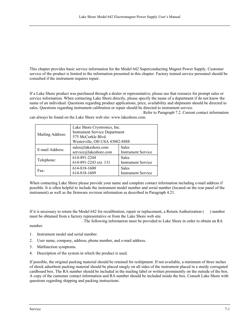 Chapter 7, Service | Lakeshore Learning  Materials 642 User Manual | Page 93 / 122
