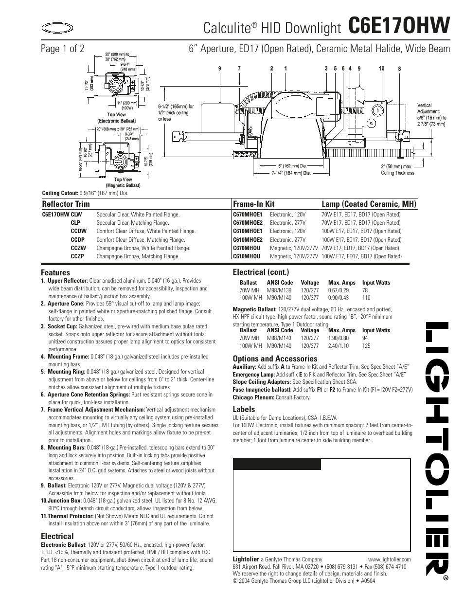 Lightolier Calculite HID Downlight C6E17OHW User Manual | 2 pages