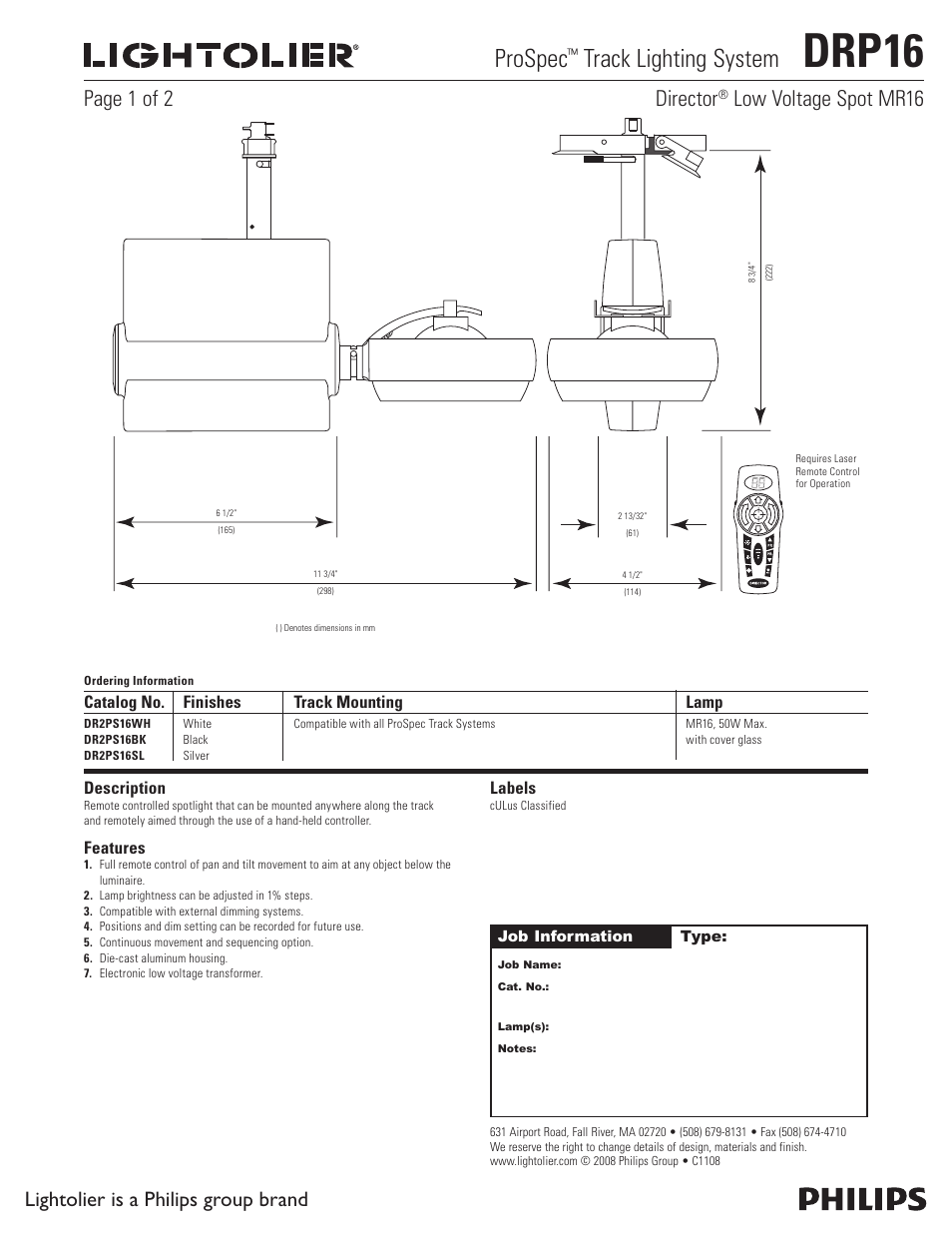 Lightolier ProSpec DRP16 User Manual | 2 pages