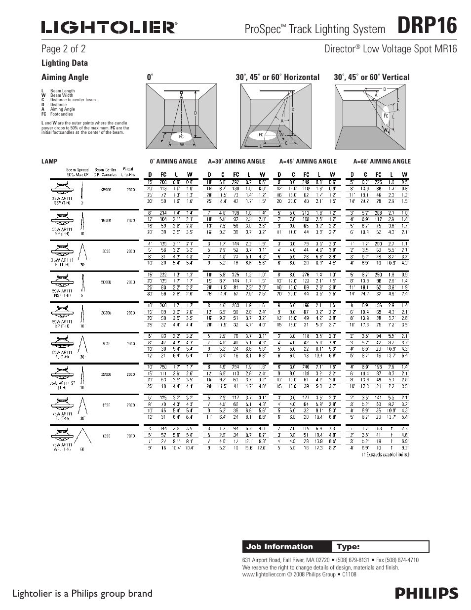 Drp16, Prospec, Track lighting system | Lightolier is a philips group brand, Page 2 of 2 director, Low voltage spot mr16, Lighting data | Lightolier ProSpec DRP16 User Manual | Page 2 / 2