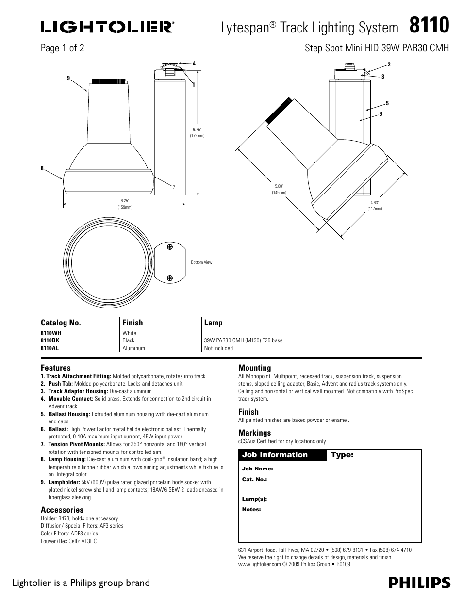 Lightolier Lytespan Track Lighting System 8110 User Manual | 2 pages