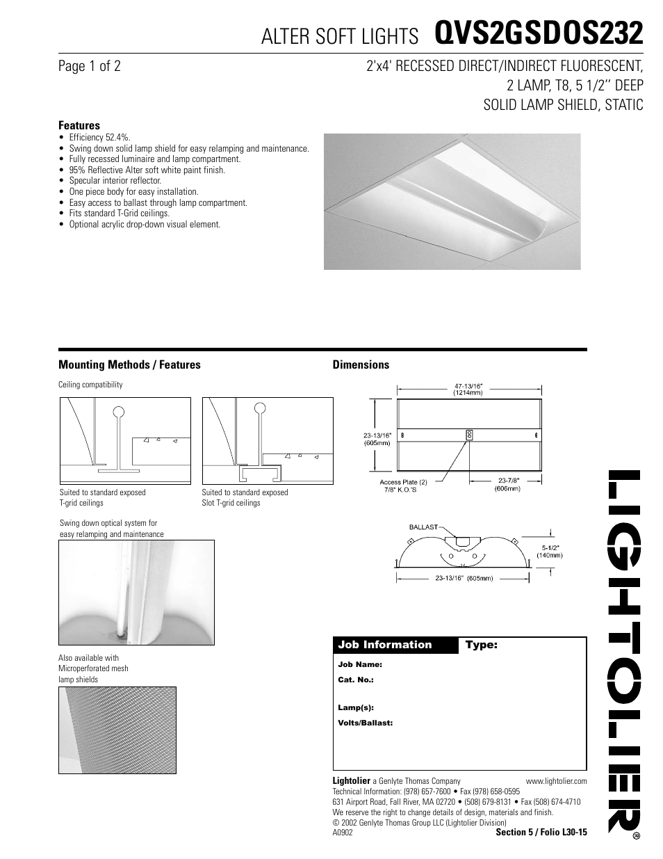 Lightolier Alter QVS2GSDOS232 User Manual | 2 pages