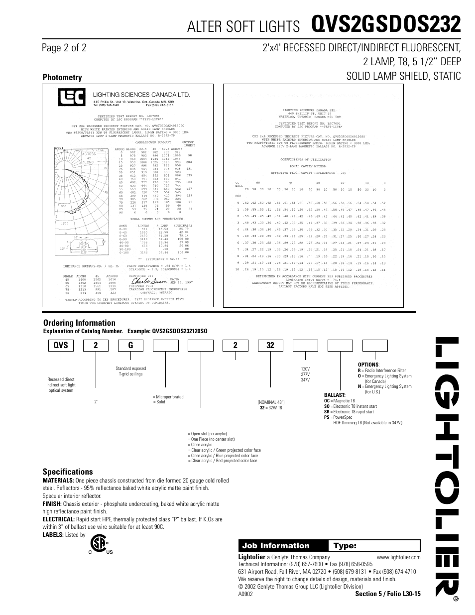 Qvs2gsdos232, Alter soft lights, Photometry | Specifications, Ordering information, Qvs 2 g 2 32 | Lightolier Alter QVS2GSDOS232 User Manual | Page 2 / 2