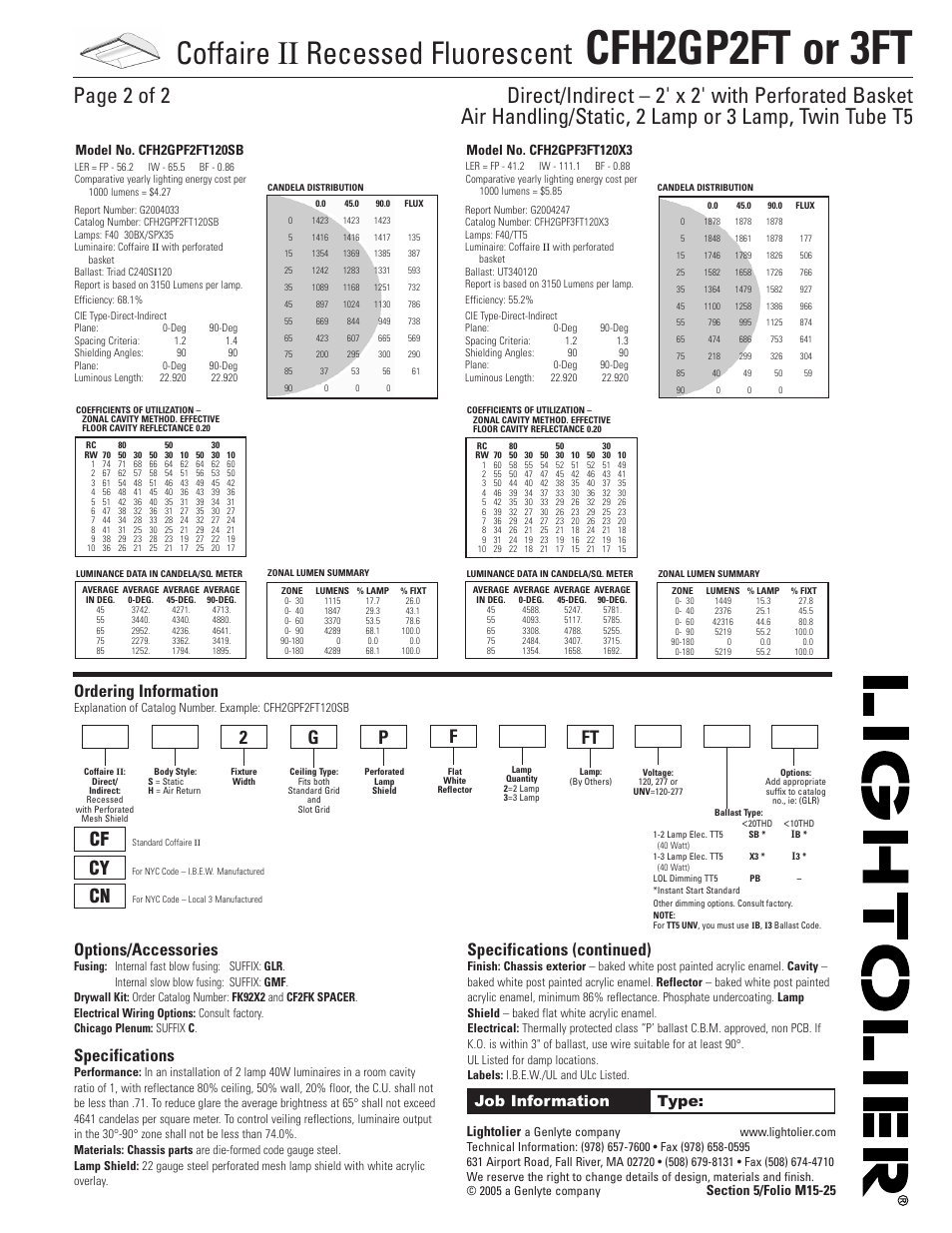 Cfh2gp2ft or 3ft, Coffaire, Recessed fluorescent | Ordering information, Options/accessories, Specifications, Specifications (continued), Job information type, Lightolier | Lightolier Coffaire II CFH2GPF2FT User Manual | Page 2 / 2
