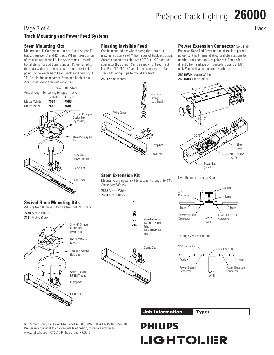 Prospec track lighting, Page 3 of 4 track, Stem mounting kits | Swivel stem mounting kits, Floating invisible feed, Stem extension kit, Power extension connector, Track mounting and power feed systems | Lightolier 26000 User Manual | Page 3 / 4