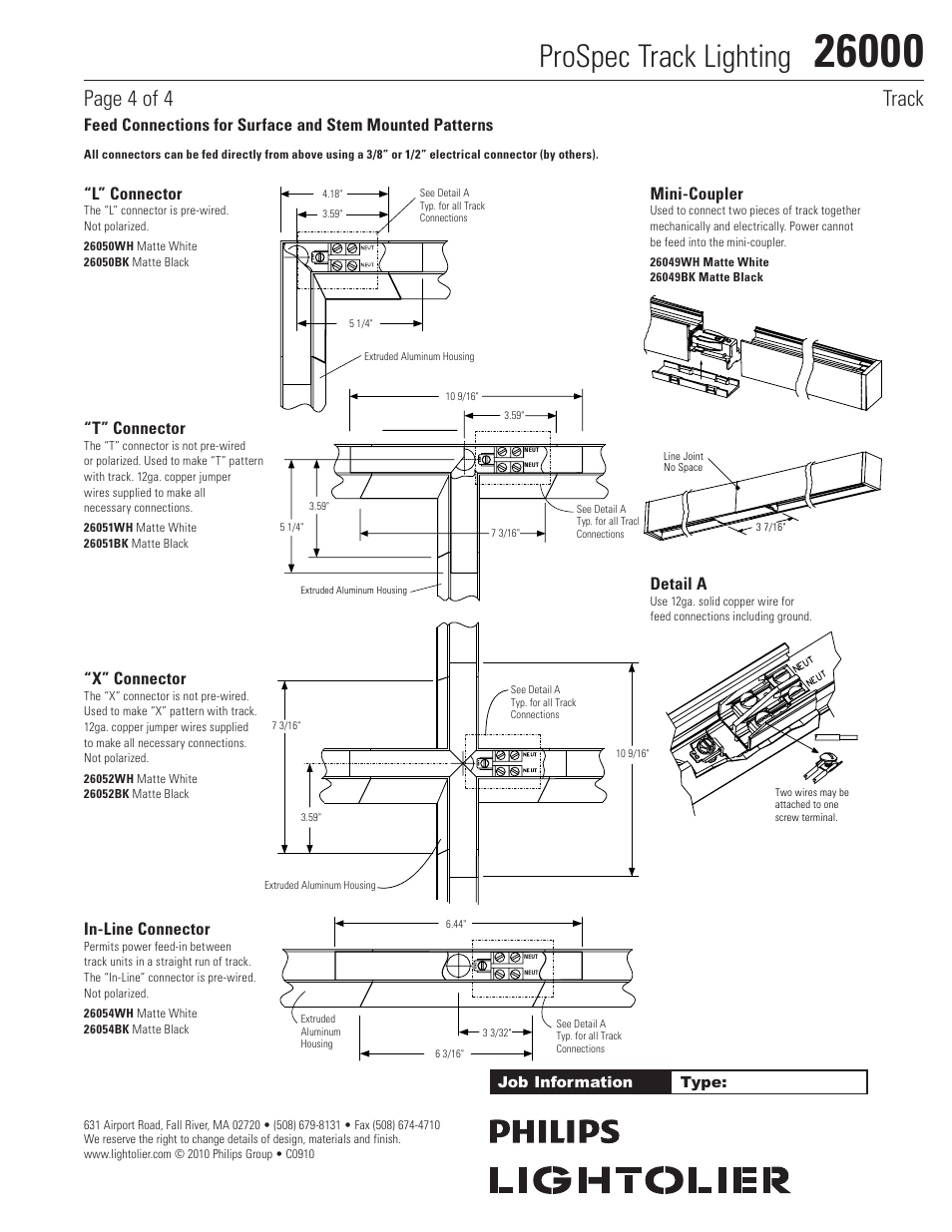 Prospec track lighting, Page 4 of 4 track, L” connector | T” connector, X” connector, In-line connector, Mini-coupler, Detail a | Lightolier 26000 User Manual | Page 4 / 4