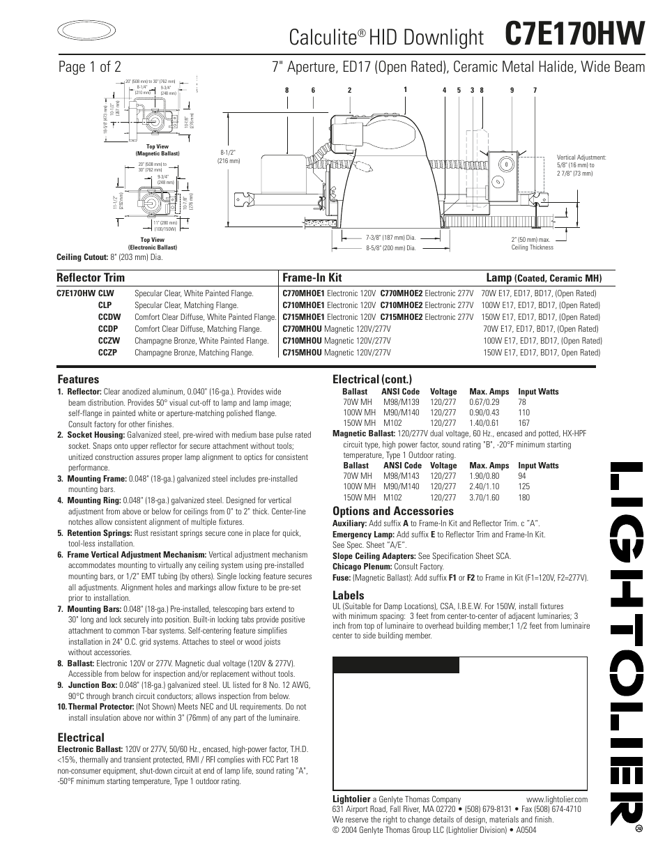 Lightolier Calculite HID Downlight C7E170HW User Manual | 2 pages