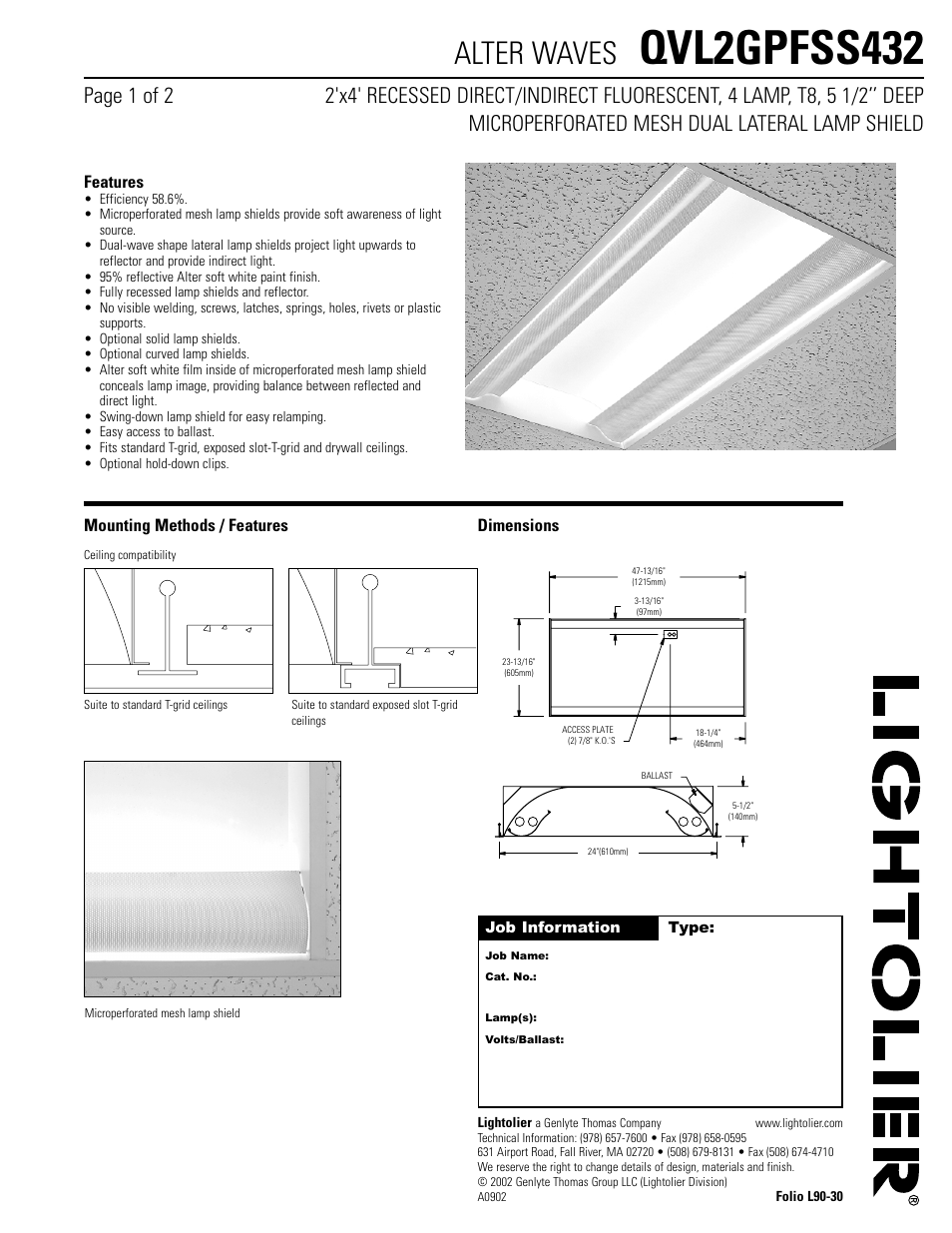 Lightolier Alter Waves QVL2GPFSS432 User Manual | 2 pages