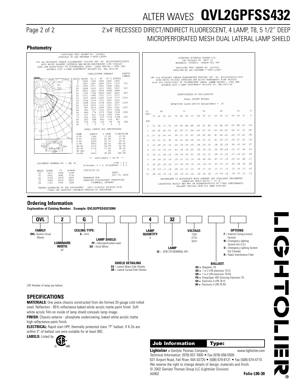 Qvl2gpfss432, Alter waves, Specifications | Photometry ordering information, Qvl 2 g 4 32 | Lightolier Alter Waves QVL2GPFSS432 User Manual | Page 2 / 2