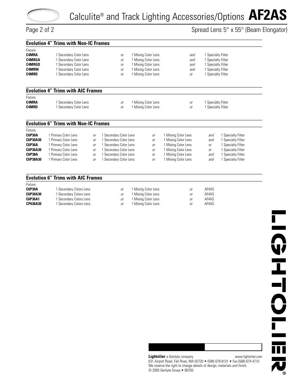 Af2as, Calculite, And track lighting accessories/options | Evolution 4” trims with non-ic frames, Evolution 6” trims with non-ic frames, Evolution 4” trims with aic frames, Evolution 6” trims with aic frames | Lightolier AF2AS User Manual | Page 2 / 2