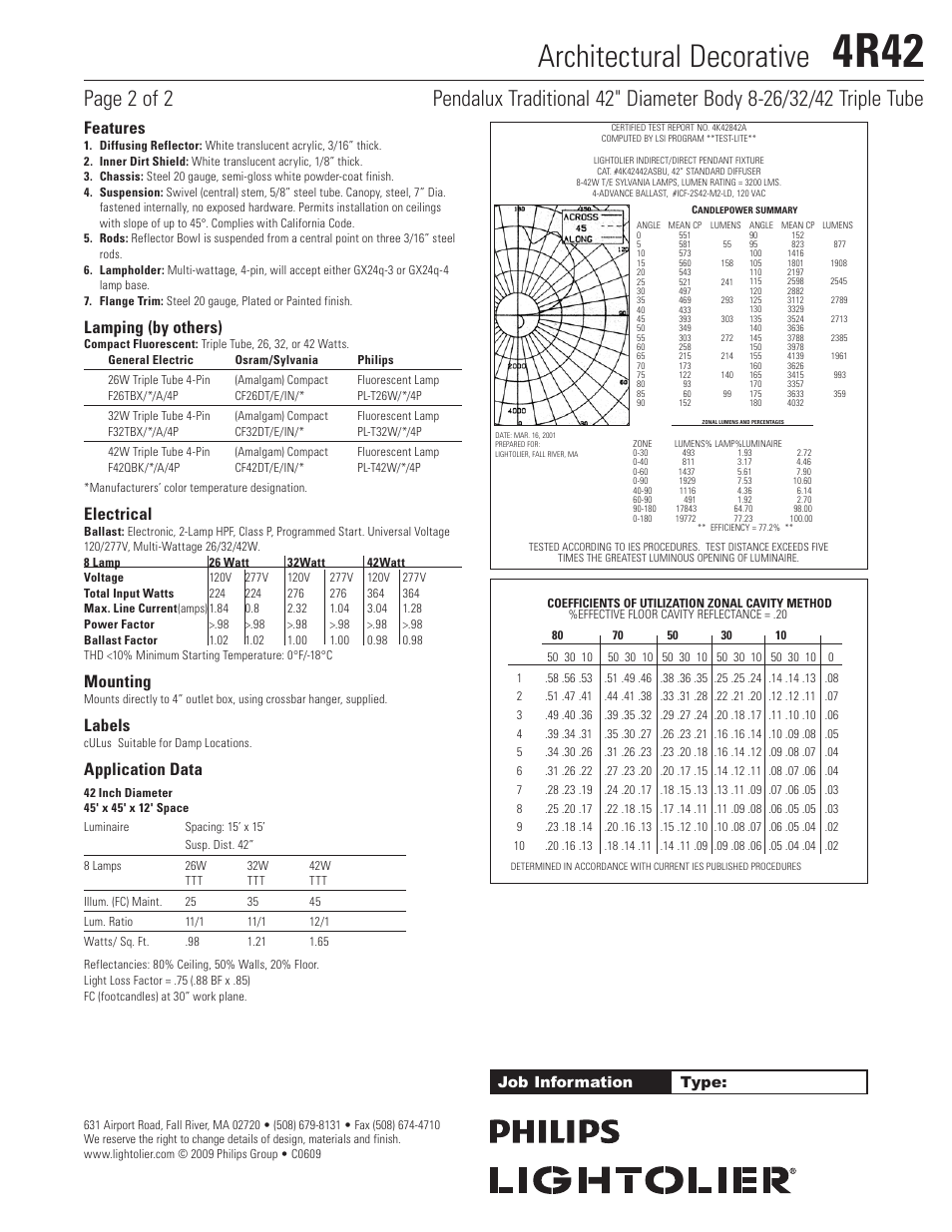 4r42, Architectural decorative, Features | Lamping (by others), Electrical, Mounting, Labels, Application data, Job information type | Lightolier Architectural Decorative 4R42 User Manual | Page 2 / 2