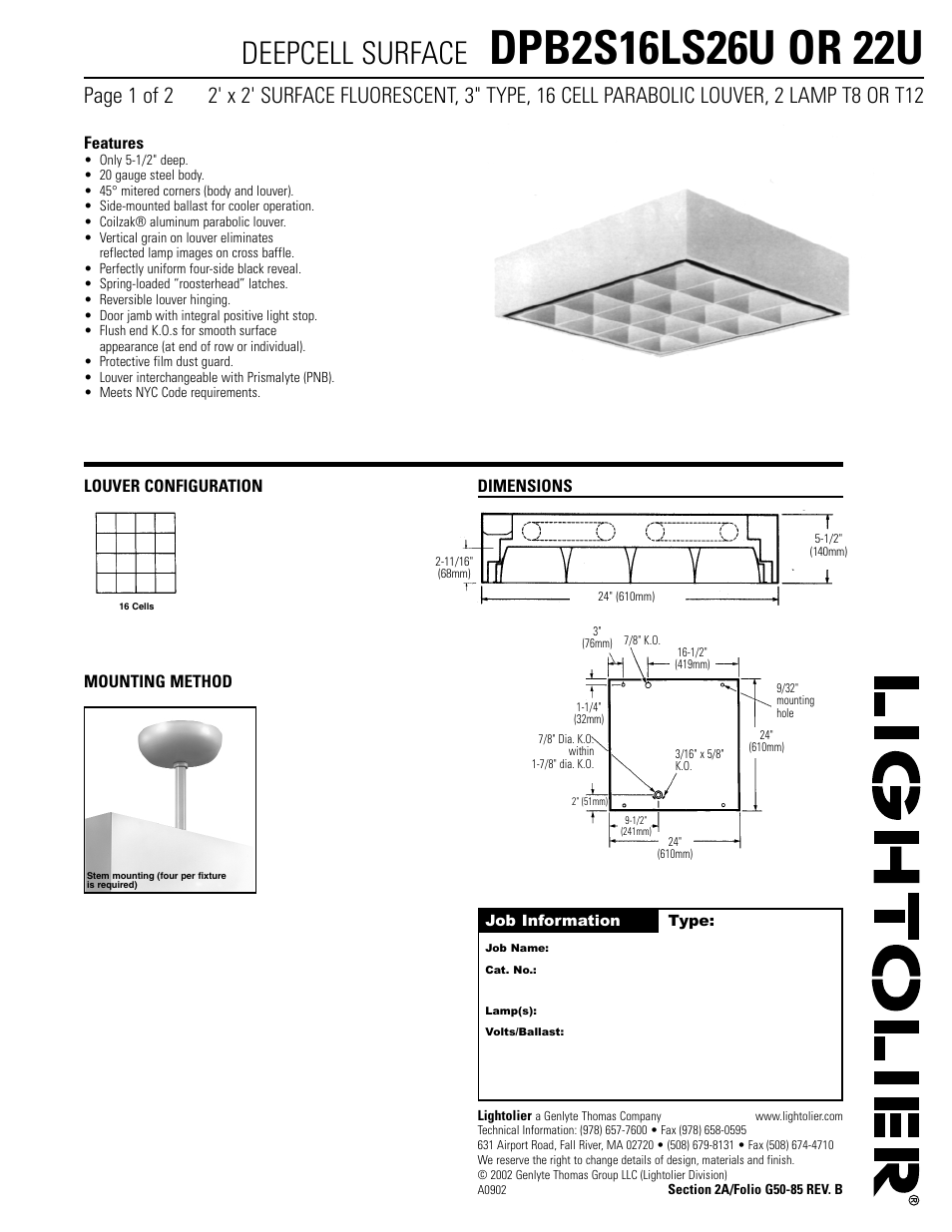 Lightolier Deepcell Surface DPB2S16LS22U User Manual | 2 pages
