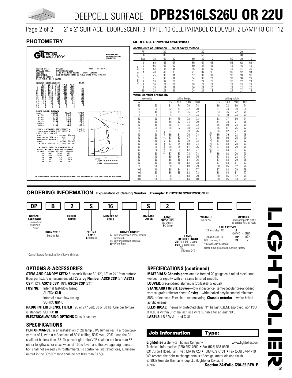Deepcell surface, Options & accessories, Specifications | Specifications (continued), Photometry, Ordering information, Job information type, Lightolier | Lightolier Deepcell Surface DPB2S16LS22U User Manual | Page 2 / 2