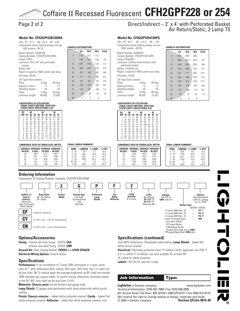 Coffaire ii recessed fluorescent, Ordering information, Options/accessories | Specifications, Specifications (continued), Job information type, Lightolier | Lightolier Coffaire II CFH2GPF228 User Manual | Page 2 / 2