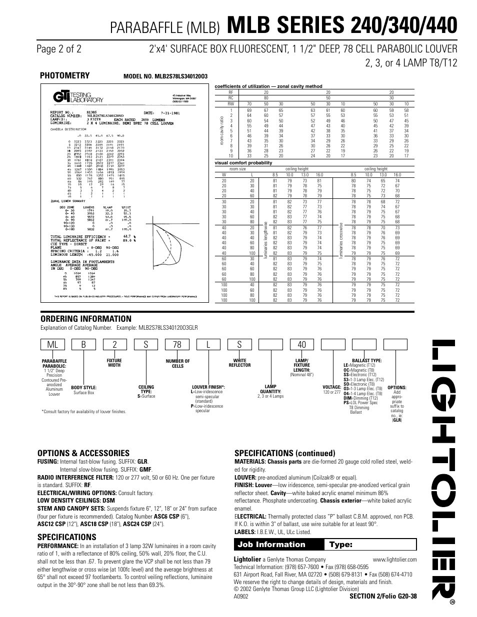 Parabaffle (mlb), Photometry, Ordering information | Options & accessories, Specifications, Specifications (continued), Job information type, Lightolier | Lightolier 340 User Manual | Page 2 / 2