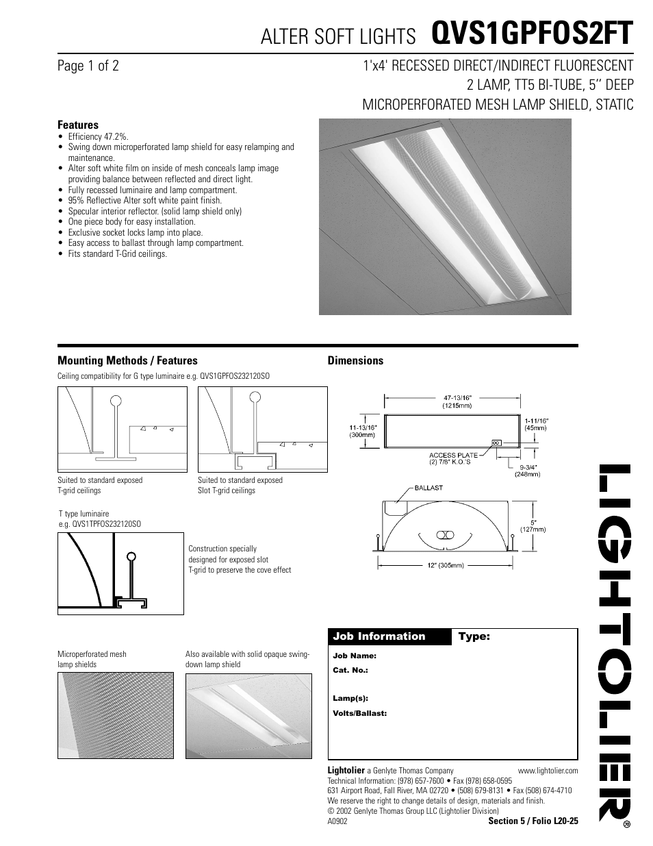 Lightolier Alter Soft Lights QVS1GPFOS2FT User Manual | 2 pages